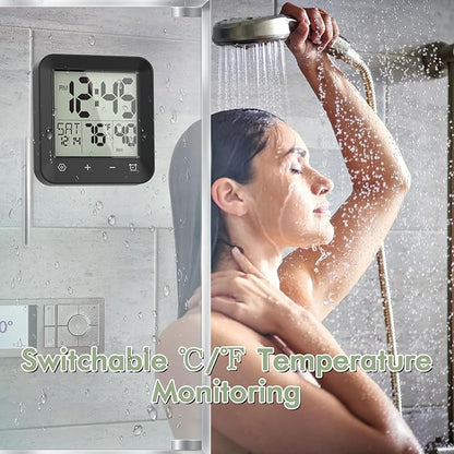 Waterproof Shower Clock, Digital Bathroom Kitchen Wall Clock Timer with Temperature, Touch Screen, Suction, Hanging Hole, Battery Operated, Black