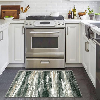 Modern Abstract Entryway Rug Indoor 2x3 Washable Rug Non-Slip Soft Small Area Rug Forest Green Kitchen Mats Thin Print Faux Wool Floor Carpet Throw Rugs for Entrance Bedroom