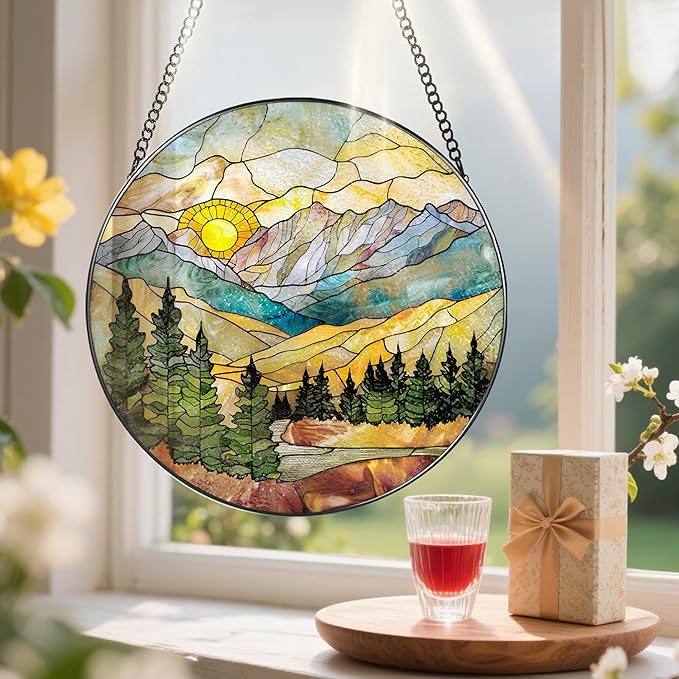 Stained Glass Window Hanging - 8 Inch Mountain Range Suncatcher for Window Doors Home Decoration, Valentine's Day Mother's Day Christmas Birthday Gifts for Women, Men, and Mom Grandma
