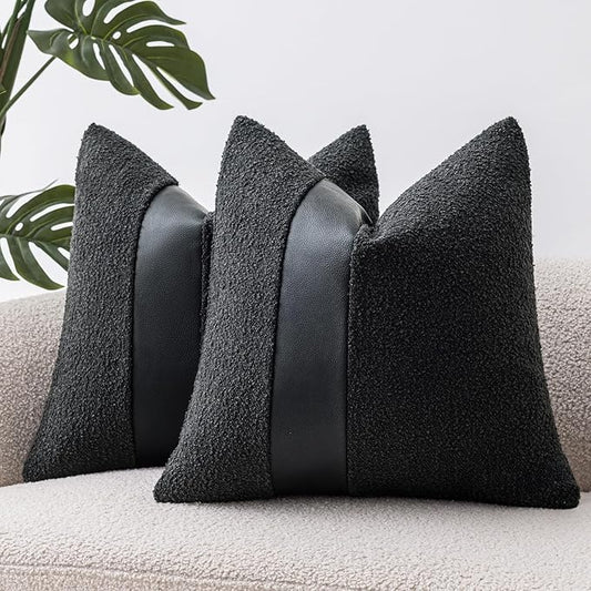 18"x18" Charcoal Black Boucle Throw Pillow Covers with Faux Leather Accents Set of 2 Fluffy Textured Decorative Pillow Cases for Couch Bed Boho Farmhouse Square Cushion Covers for Nordic Home