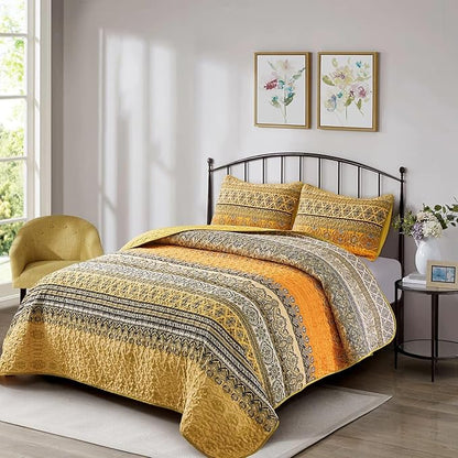 WONGS BEDDING Boho Quilt Set Full Size (90"x78"), Yellow Orange Bohemian Bedspread Lightweight Soft Microfiber Bed Cover for All Season (3 Pieces)