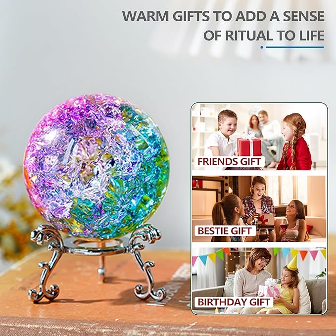 ZEERSHEE 60mm Colorful Ice Cracked Crystal Ball with Stand Decorative Glass Ball Paperweight for Home Wedding Office Christmas Decor