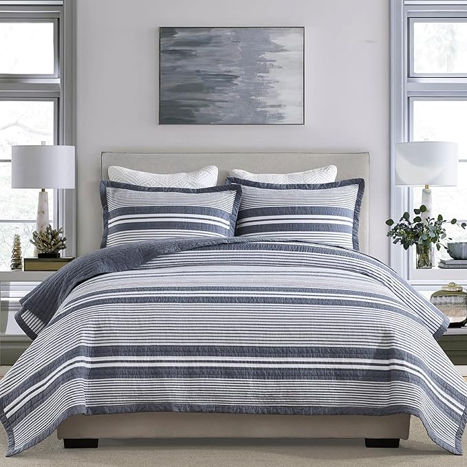100% Cotton Quilt Set King Size, King Quilt Bedding Set, Waffle Texture Quilt Bedspread for King Bed, Striped Reversible Bed Spread Lightweight Comforter, 3Pcs, Slate Gray