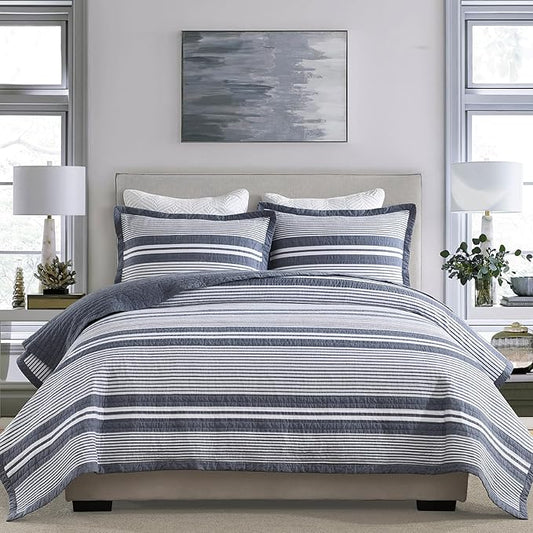 100% Cotton Quilt Set Queen Size, Queen Quilt Bedding Set, Waffle Texture Quilt Bedspread for Queen Bed, Striped Reversible Bed Spread Lightweight Comforter, 3Pcs, Slate Gray
