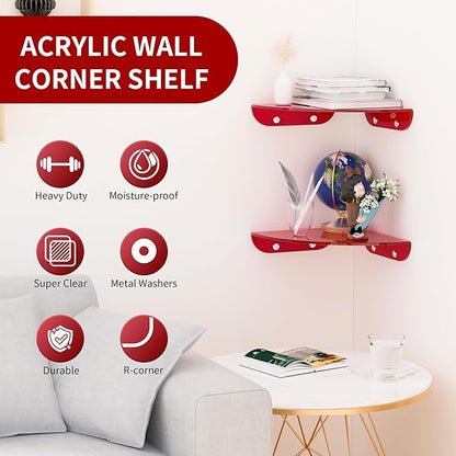 Sezanrpt 9.5x9.5 Inch Acrylic Corner Floating Shelf Set of 2, Red Corner Wall Shelf for Home Décor, Speakers, Security Cameras, Toileries, Plants, Figures, Cosmetics, Books