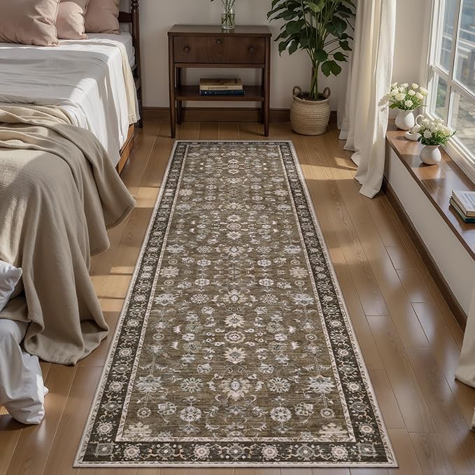 Tangsoo 2x6 Washable Runner Rug for Hallway, Non Slip Boho Vintage Brown Floral Rug Runner for Kitchen Entryway, Distressed Floor Carpet Soft Low Pile Indoor Mat for Bedroom Bathroom Laundry