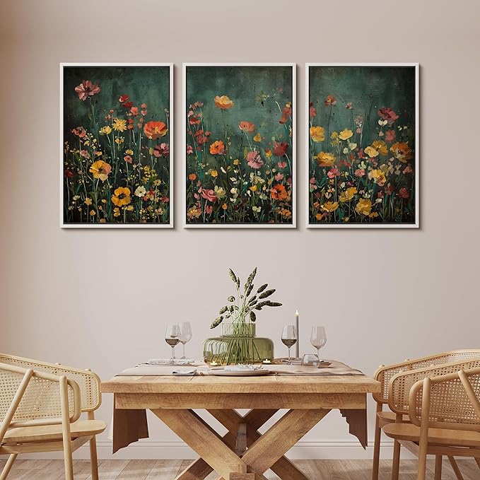 MUDECOR Framed Wall Art Print Set Vintage Wildflower Meadow with Colorful Blooms Illustrations Modern Art Boho Decorative Colorful Chic for Living Room, Bedroom, Office - 16"x24"x3 White