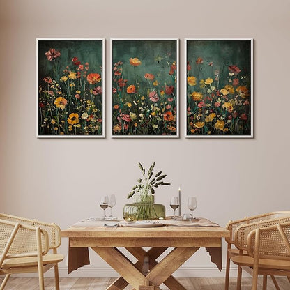 MUDECOR Framed Wall Art Print Set Vintage Wildflower Meadow with Colorful Blooms Illustrations Modern Art Boho Decorative Colorful Chic for Living Room, Bedroom, Office - 16"x24"x3 White