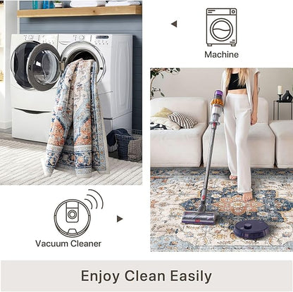 vivorug 8x10 Area Rugs for Living Room, Non-Slip Backing Washable Rug 8x10, Large Area Rug Soft Carpet for Bedroom Dining Room, Vintage, Easy Clean, Durable, Low Pile Rug Orange/Navy