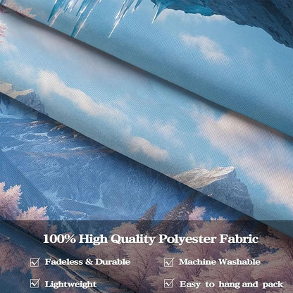 kampdream Fantasy Winter Scenery Tapestry, Ice Cave Landscape with Frozen Lake and Cherry Blossom Forest Wall Hanging, Landscape Nature Home Decor for Bedroom and Living Room Wall Art Decoration