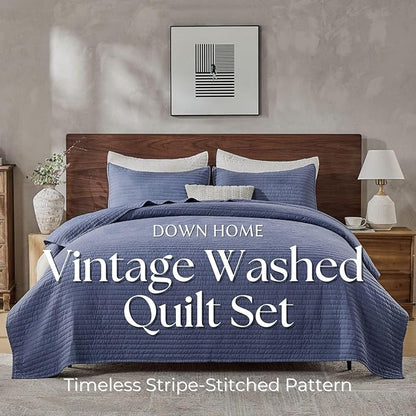 DOWN HOME Twin Quilt Bedding Set with Sham, Vintage Washed Soft Quilted Blanket Thin Comforter Lightweight Bedspread Coverlet Bed Cover, Brushed Microfiber Stripe Stitching, Vintage Denim, 66"x92"