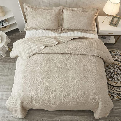 MarCielo 3-Piece 100% Cotton Oversized Bedspread Lightweight Quilt Coverlet Embroidery Farmhouse Bedding Set T0 (Yellowish Beige, Oversized King (118"x106"))