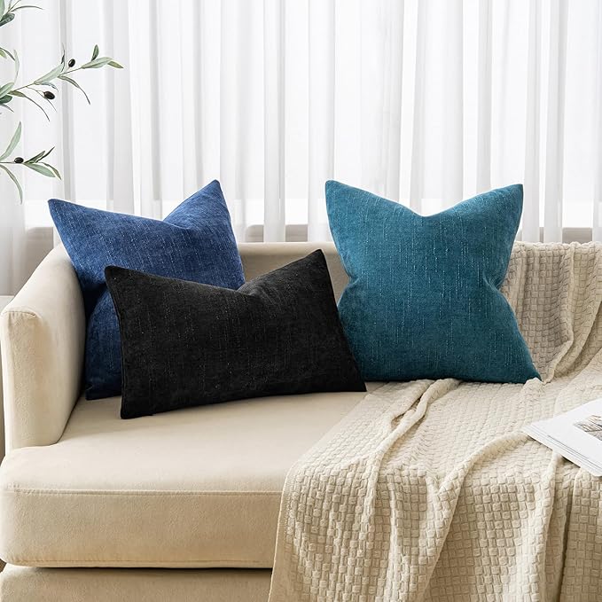 MIULEE Pack of 2 Decorative Throw Pillow Covers Soft Chenille Throw Pillows Solid Textured Lumbar Cushion Covers for Couch Sofa Bedroom Living Room 12x20 Inch, Black