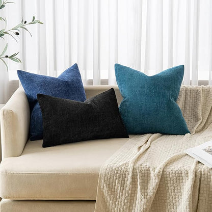 MIULEE Pack of 2 Decorative Throw Pillow Covers Soft Chenille Throw Pillows Solid Textured Lumbar Cushion Covers for Couch Sofa Bedroom Living Room 12x20 Inch, Black