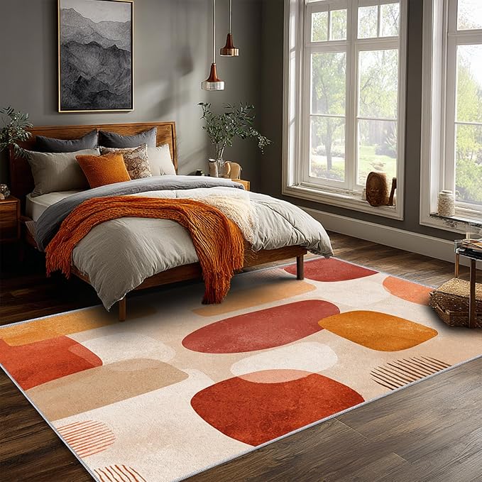 Boho Rug, 5x8 Area Rugs Retro Geometric Abstract Simple Pattern for Living Room, Bedroom, Boho Home Decor Accessories Indoor Carpet, Non Slip & Machine Washable