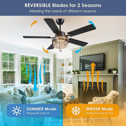 Asyko Crystal Ceiling Fan Fandelier with Lights - 46" Outdoor Fans with Remote Control，Crystal Ceiling Fans Noiseless DC Motor, Retro/Farmhouse Lighting, Dining Room,Living Room