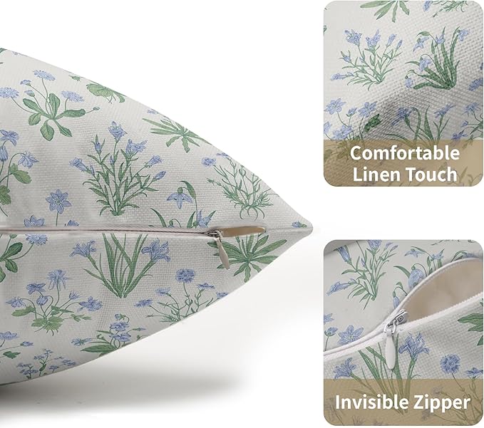 Sage Green Blue Block Print Pillow Covers 12x20 Set of 2 Decorations Vintage Floral Throw Pillow Covers Decor Cozy Soft Rustic Pillowcases Farmhouse Flower Printed for Sofa Bed Home Decorative