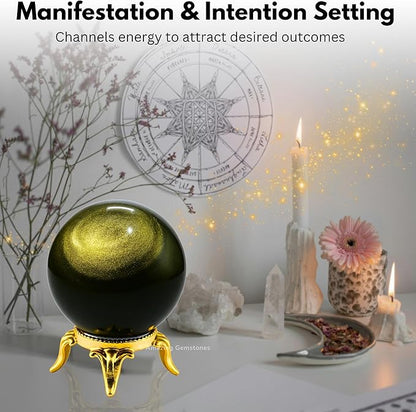 Amazing Gemstone Golden Sheen Obsidian Crystal Ball with Stand - 1.5 Inches Crystal Sphere Meditation Balls for Witchcraft and Decorative Balls
