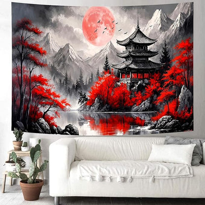 Delur Japanese Forest Tapestry Anime Red and Black Mountain Vintage Moon Nature Tapestry Wall Hanging Tree Sunset Landscape Cherry Blossom Headboard for Bedroom Living Room Home Decor (70.8" x 92.5")