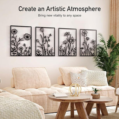 Sokurdeg Black Metal Flowers Wall Decor, Minimalist Floral Metal Wall Hanging Art, Black Abstract Rustic Flower Line Wall Sculptures for Bedroom Bathroom Living Room (4 Pcs, 15.7 x 22.5 in)