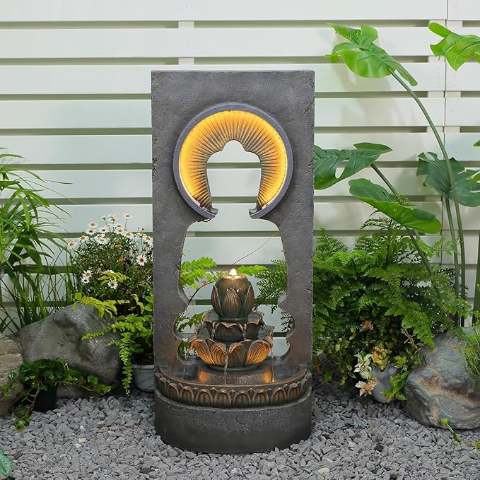 35.43" Zen Buddha Outdoor Fountain with Hollow Center — Zen Fountain Waterfall Feature for Garden, Patio & Yard — Soothing Sound, Warm LED Lights, Durable Weather-Resistant Decor