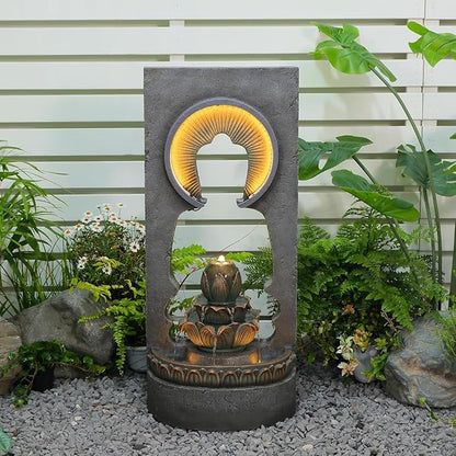 35.43" Zen Buddha Outdoor Fountain with Hollow Center — Zen Fountain Waterfall Feature for Garden, Patio & Yard — Soothing Sound, Warm LED Lights, Durable Weather-Resistant Decor
