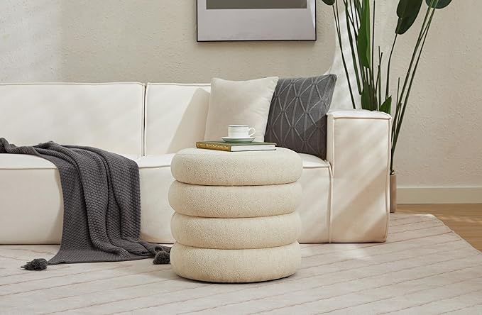 Flouki 20.1" Storage Ottoman Round, Vanity Stools for Bedroom, Linen Pouf Ottoman with Removable Lid, Modern Ottoman Stool for Girls Women, Foot Stool for Living Room, Beige