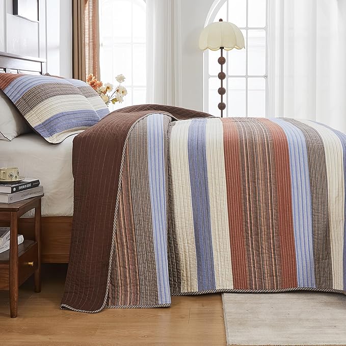 SahSahCasa 100% Cotton 120"x120" Oversized California King Bedspread Coverlet Quilt Set, Cal King Quilted Striped Bedspread Extra Large Reversible XL Bed Spread Lightweight Comforter, Brown