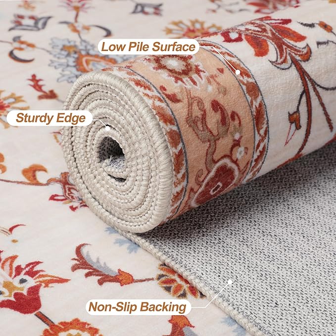 Tangsoo Floral Area Rug 3x5 Machine Washable Orange Rug Non-Slip Vintage Distressed Boho Print, Soft Low Pile Carpet for Living Room, Bedroom, Dining Room, Pet & Child Friendly (Orange Home Decor)