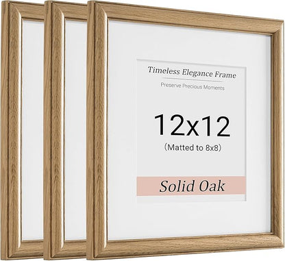 Heimlove 12x12 Picture Frame,12 x 12 Solid White Oak Square Photo Frame with Tempered Glass,12"x12" Handcrafted Wood Frame Matted to 8x8 Photos for Wall Hanging Photo Frame Art Photo and Prints,3 Pack