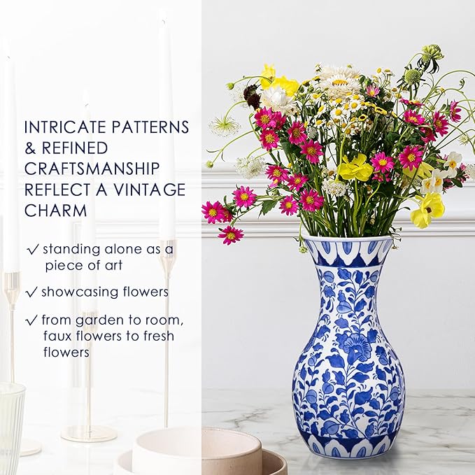 Blue and White Flower Vase, 11 Inch Tall Ceramic Vase in Wide Mouth Floral Pattern, Large Retro Chinoiserie Vase Decor Side Table Centerpiece Living Room Bookshelf, Antique Grand Millennial Decor