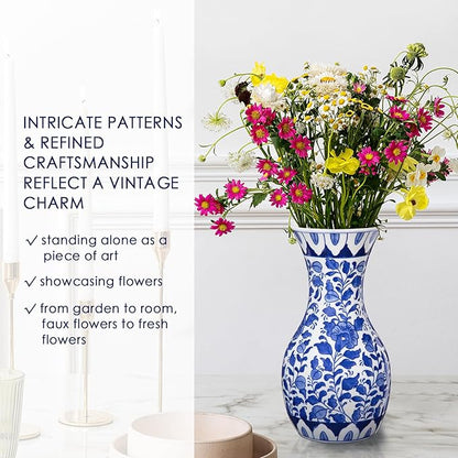 Blue and White Flower Vase, 11 Inch Tall Ceramic Vase in Wide Mouth Floral Pattern, Large Retro Chinoiserie Vase Decor Side Table Centerpiece Living Room Bookshelf, Antique Grand Millennial Decor