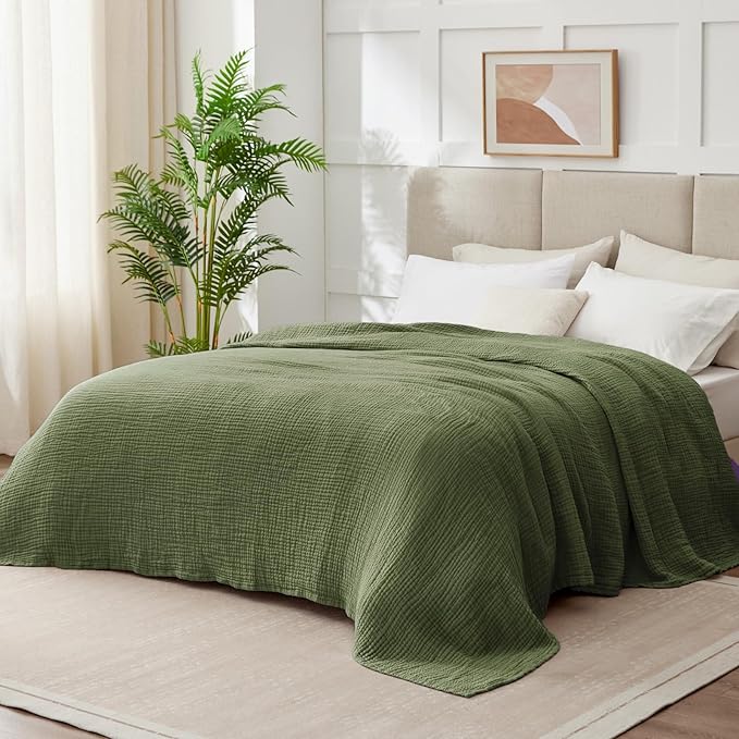 100% Cotton Muslin Blanket Queen 90" x 90", Breathable and Lightweight Cotton Throw Blanket for Bed, Soft Cooling Summer Gauze Blanket for Adults All Season, Olive Green