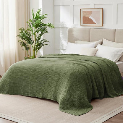 100% Cotton Muslin Blanket Queen 90" x 90", Breathable and Lightweight Cotton Throw Blanket for Bed, Soft Cooling Summer Gauze Blanket for Adults All Season, Olive Green