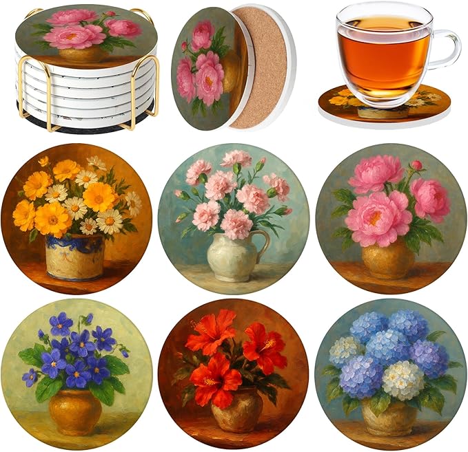 Ceramic Coasters Set of 6 with Holder, Floral Pot Style, Absorbent Drink Coaster Set for Home Decor, Cups, Mugs and Glasses (Terracotta Flower Pot)