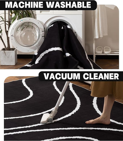YIHOUSE Black Modern Area Rug 6x9,Abstract Rugs for Bedroom,Black and White Geometric Rug,Minimalist Wave Rug,Dark Washable Area Rugs 6x9 Non Slip Rugs for Living Room，Office
