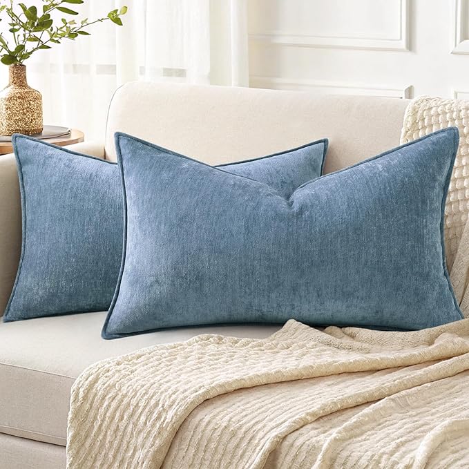 decorUhome Spring Couch Throw Pillow Covers 12x20 Set of 2, Decorative Soft Velvet Neutral Chenille Lumbar Pillow Covers with Elegant Design for Sofa Bed Living Room Home Decor, Blue Grey