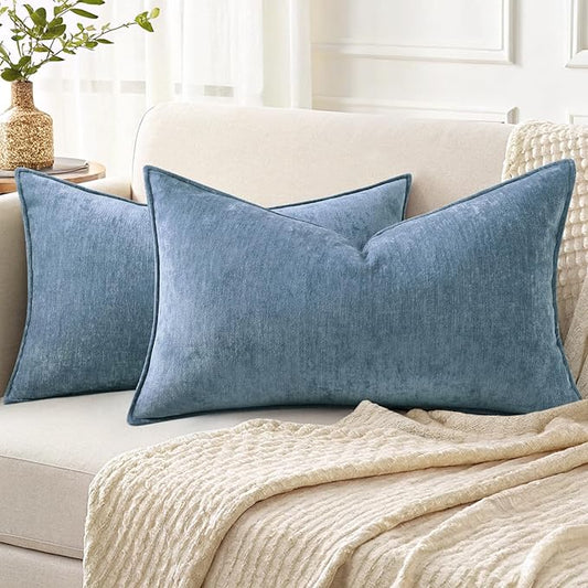 decorUhome Spring Couch Throw Pillow Covers 12x20 Set of 2, Decorative Soft Velvet Neutral Chenille Lumbar Pillow Covers with Elegant Design for Sofa Bed Living Room Home Decor, Blue Grey