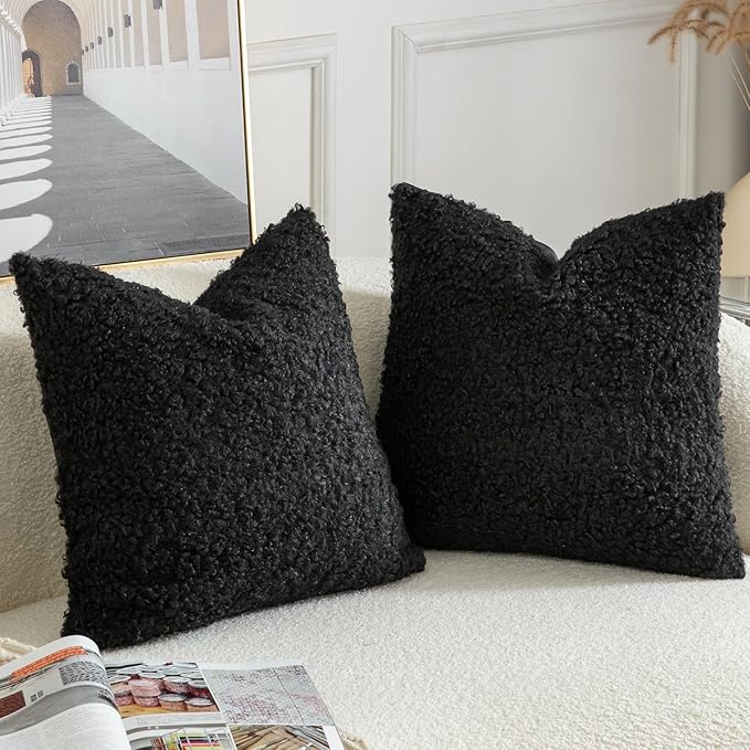 Yaertun Pack of 2 Faux Fur Throw Pillow Covers Decorative Sherpa Boucle Pillow Covers Fuzzy Soft Pillowcases Sheepskin Fleece Cushion Case for Couch Sofa Bed Living Room 20x20 Inch Black