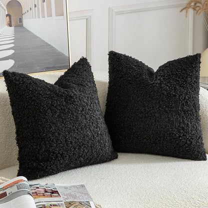 Yaertun Pack of 2 Faux Fur Throw Pillow Covers Decorative Sherpa Boucle Pillow Covers Fuzzy Soft Pillowcases Sheepskin Fleece Cushion Case for Couch Sofa Bed Living Room 16x16 Inch Black