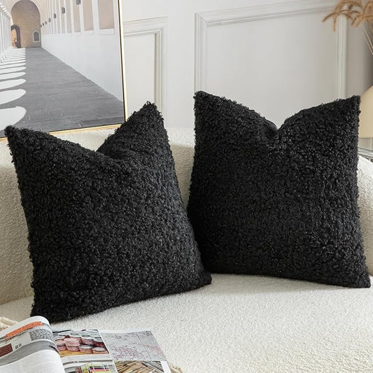 Yaertun Pack of 2 Faux Fur Throw Pillow Covers Decorative Sherpa Boucle Pillow Covers Fuzzy Soft Pillowcases Sheepskin Fleece Cushion Case for Couch Sofa Bed Living Room 16x16 Inch Black