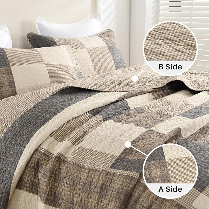 Oversized King Bedspread Quilt 120" x 120", 100% Cotton Lightweight Quilted Bed Spreads Coverlet Set Farmhouse Bedding Cover, 3 Piece, Charcoal/Beige/Browm