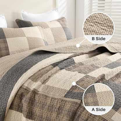 Oversized Queen Bedspread Quilt 102" x 120" Extra Large, 100% Cotton Lightweight Quilted Bed Spreads Coverlet Set Farmhouse Bedding Cover, 3 Piece, Charcoal/Beige/Browm