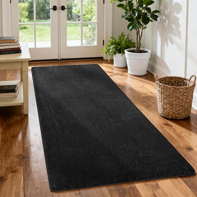 PURE ERA Carpet Stair Tread Landing Mat Area Rug Ultra Plush Shag Soft Non Slip Skid Resistant Tape Free Indoor Doormat Washable Reusable Black 2' X 6'