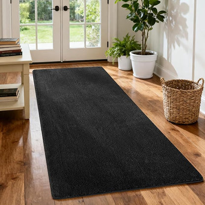 PURE ERA Carpet Stair Tread Landing Mat Area Rug Ultra Plush Shag Soft Non Slip Skid Resistant Tape Free Indoor Doormat Washable Reusable Black 2' X 6'