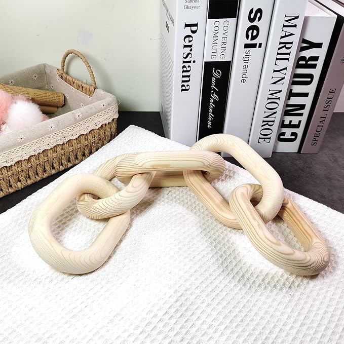 Wood Chain Link Decor, Shelf Decor Accents 5 Link Chain Boho Pine Wood Carved Modern Home Decor，for Farmhouse Living Room Bedroom Bookshelf Porch Coffee Table Decor(Wood Color)