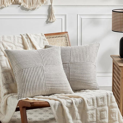 Fancy Homi 2 Packs Neutral Grey Samll Decorative Throw Pillow Covers 12x12 Inch with for Couch Bed Sofa, Rustic Farmhouse Boho Home Decor, Soft Corss Patchwork Corduroy Square Cushion Case 30x30 cm