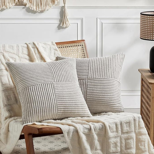 Fancy Homi 2 Packs Neutral Grey Big Decorative Throw Pillow Covers 24x24 Inch for Living Room Couch Bed, Rustic Farmhouse Boho Home Decor, Soft Corss Corduroy Patchwork Accent Square Cushion Case 60cm