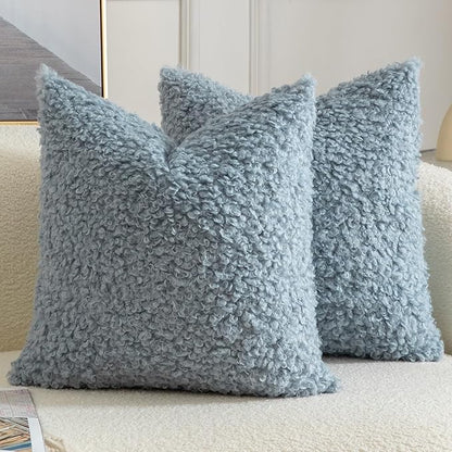 Yaertun Pack of 2 Faux Fur Throw Pillow Covers Decorative Sherpa Boucle Pillow Covers Fuzzy Soft Pillowcases Sheepskin Fleece Cushion Case for Couch Sofa Bed Living Room 22x22 Inch Light Blue