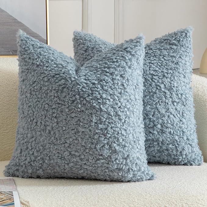 Yaertun Pack of 2 Faux Fur Throw Pillow Covers Decorative Sherpa Boucle Pillow Covers Fuzzy Soft Pillowcases Sheepskin Fleece Cushion Case for Couch Sofa Bed Living Room 18x18 Inch Light Blue